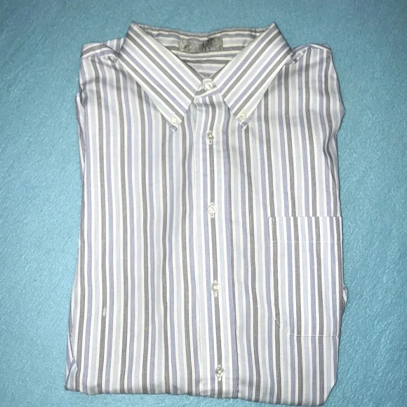𝅺STAFFORD Executive wrinkle free striped button up chest pocket neck size 17 - Picture 1 of 5